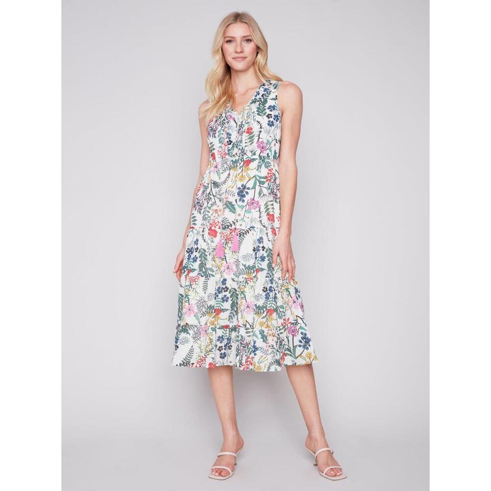 NWT - Charlie B Printed Ruffle Neck Boho Maxi Dress with Tassels - Size M - Picture 1 of 2